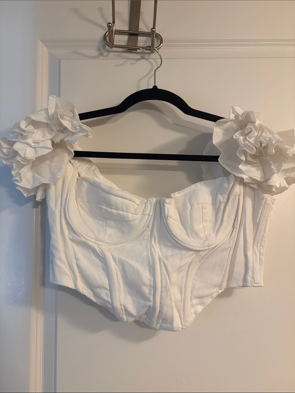 Bardot White Floral-Shoulder Corset Crop Top